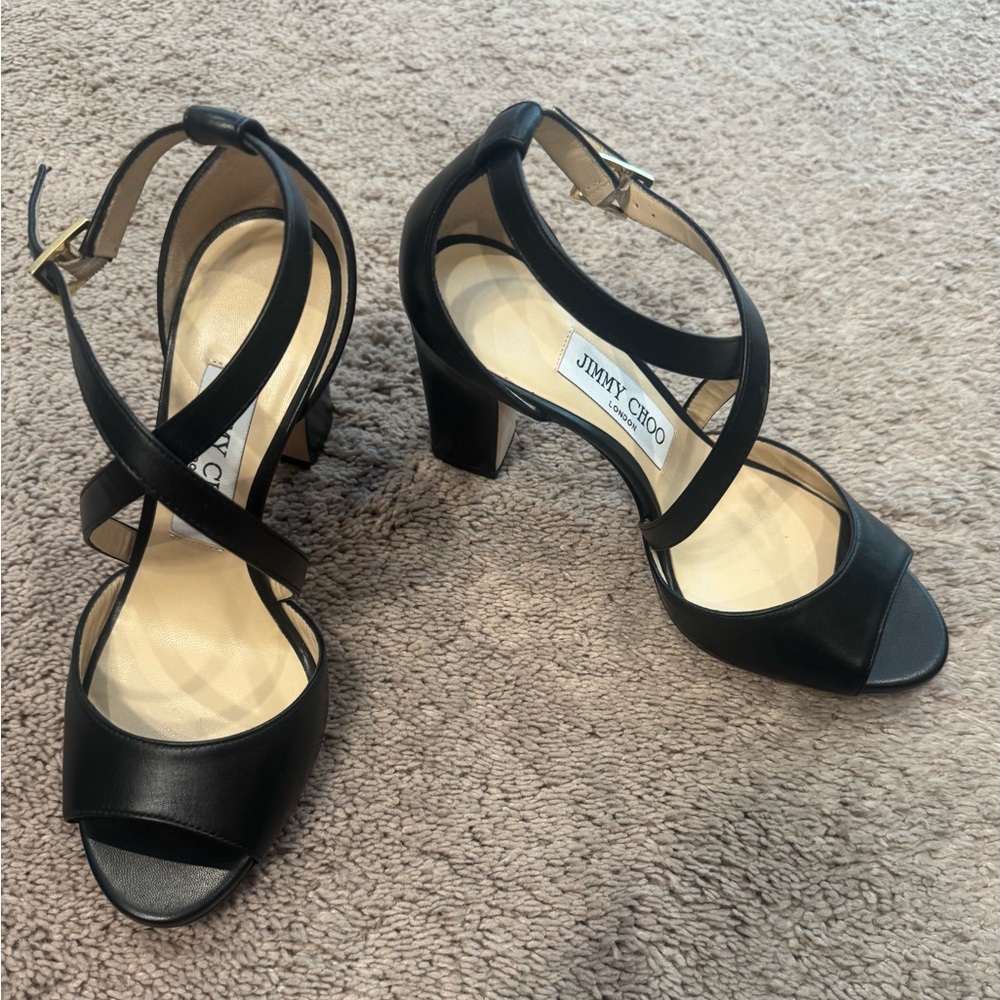 Jimmy Choo Carrie Black Leather Criss Cross Strap Block High Heels NEW Authentic